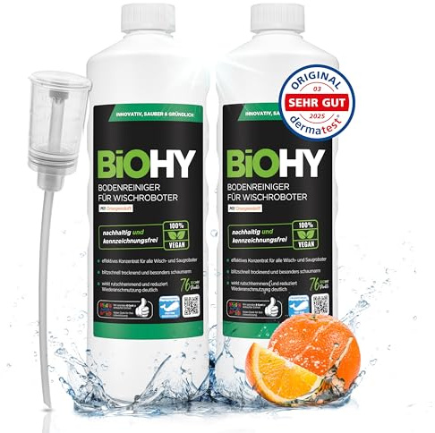 BiOHY Bodenreiniger für alle Wischroboter mit Orangenduft (2 x 1 liter) + Dosierer | Schaumarm & Streifenfrei | Reinigungsmittel Konzentrat für alle Böden