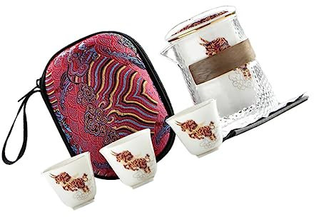 IMIKEYA 1set Portable Kung Fu Tea Set Ceramic Teapot Cups Anti-Scald Design for Travel Home Use Bull Print Decor for Tea