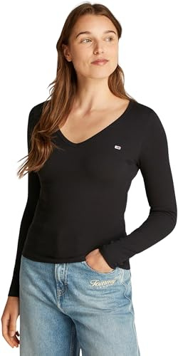 Tommy Jeans Camiseta de Manga Larga Mujer Slim Fit Essential V-Neck con Cuello de Pico, Negro (Black), XXS
