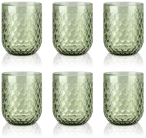 Joeyan Tumblers Glass Set of 6, 200ml Colored Drinking Glasses Embossed Water Glasses Cup Glassware Set for Juice Beverages Cocktail Tea Gift, Green