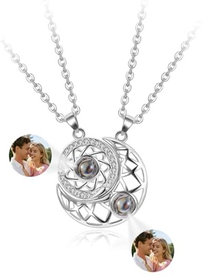 Jovivi Personalisiert Sonne Mond Anhänger mit Foto im Stein 100 Sprachen Ich liebe dich Kette Partnerketten mit Bild Fotogravur Partner Geschenke