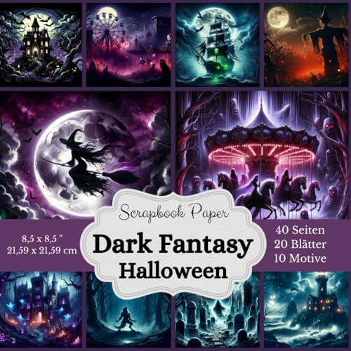 Scrapbook-Papierkollektion: Dark Fantasy, Halloween: Seitenanzahl: 40 Seiten (20 Blätter) Größe: 8,5 x 8,5 Zoll (21,59 x 21,59 cm) Designs: 10 verschiedene Designs mit großen, dunklen Fantasy-Motiven