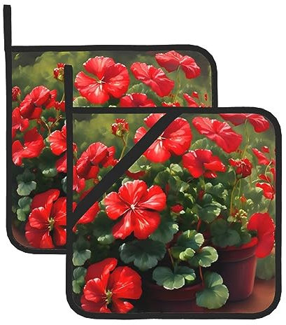 Presine quadrate resistenti al calore con stampa di gerani rossi (set da due) 20,3 x 20,3 cm, tessuti di qualità, anti-scottatura e facili da pulire