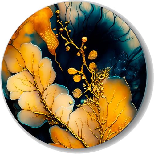 UVTECHPRINT Glasbild Wandbild Heimdekoration rund Goldene Blätter Granat 80x80 cm Wohnzimmer Kunstdruck Bilder auf Glas