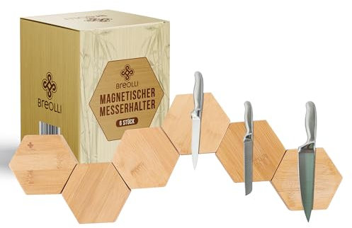 Magnetleiste Selbstklebend – 6 x Bambus-Holz-Hexplatten | Messerhalter magnetisch ohne Bohren – Ideal für mittelgroße Messer – Sechseck Messer Magnetleiste von BREOLLI