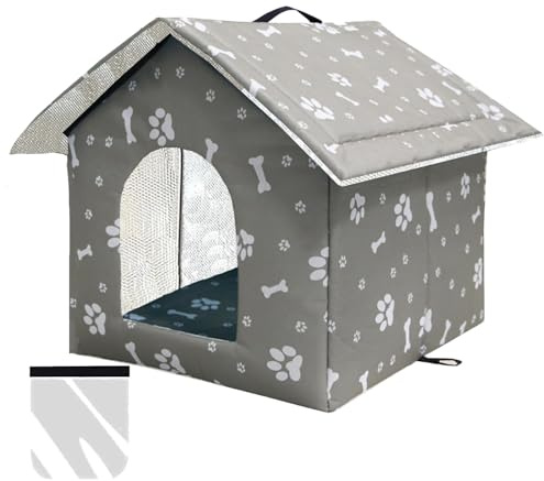 Katzenhaus Outdoor, Katzenhöhle für Draußen, Katzenhaus Für Draußen Winterfest Wasserdicht, Kombiniert isolierte Aluminiumfolie Mit abnehmbarem Transparentem Vorhang (M, Grauer Druck)
