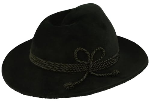 Breiter Herren Velour Trachten-Hut Filz-Hut Herren-Hut – Werdenfelser – Handgemacht aus 100% Haarfilz mit passender Kordel-Garnitur & Echtleder Schweißband - Grün 63, Krempe 7,5 cm