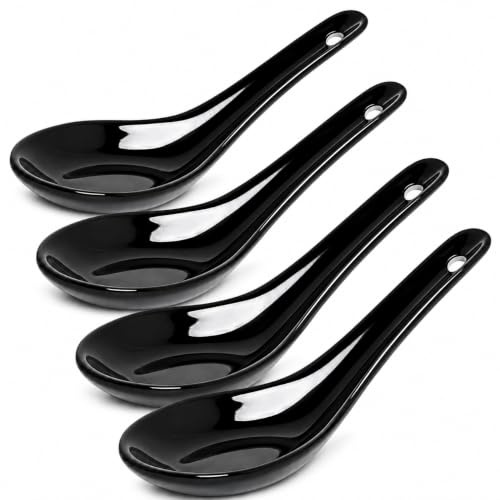 White and black Series ASIATICA | Porzellan-Löffel Set Asien | 13 cm - für Reis, Suppen - zum Servieren von Desserts - Spoon-Set Ramen (4er Set Schwarz)