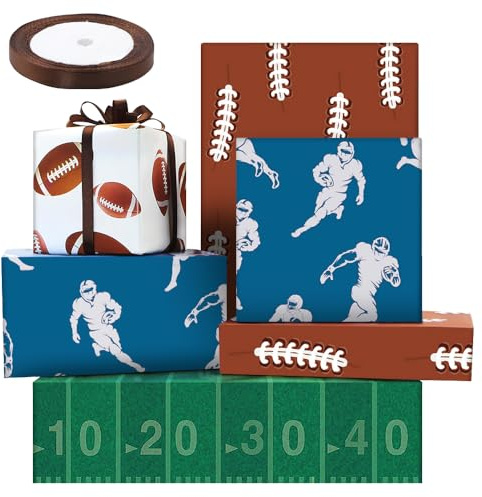 Grünes Geschenkpapier mit Rugbyspieler im vollen Flug Scrumball, 4Blatt 50 x 70 cm pro Blatt, in 4 Designs mit 22 m Seidenband, Geschenkpapier für Fußball, Rugbyball, Geburtstag, Sportparty