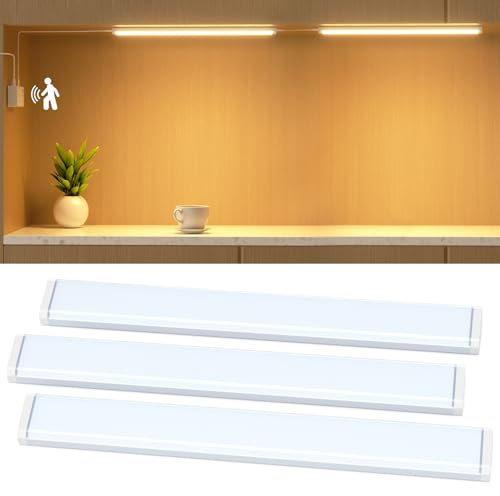 Hiromeco Schrankbeleuchtung mit Bewegungsmelder Dimmbar, 42cm Unterbauleuchte Küche LED -3 Stück, Einfacher Gebrauch, 4 Arbeitsmodi, Dimmbar Unterbauleuchte Küche LED 230V für Schreibtische, Küchen
