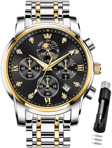 OLEVS Watch for Men Diamond Business Dress Analog Quartz Stainless Steel Waterproof Luminous Date Two Tone Luxury Casual Wrist Watch Men