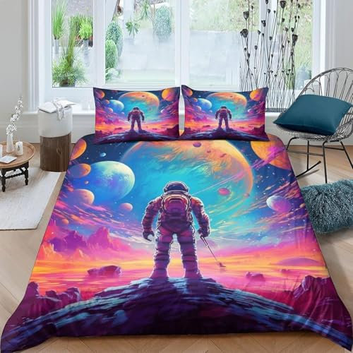 Kinder Bettwäsche-Sets Astronauten-Weltraum 3D Druck 3-Teilig Bettwäsche 100% Mikrofaser Weiche Mit Reißverschlus Soft Bettbezüge Mit 2 Kissenbezug - Bequem Und Pflegeleicht 135X200 Cm -27695038467444