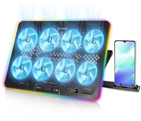 PopuLike Laptop Cooling Pad, 8-Fan Adjustable Laptop Cooler Quiet with RGB LED Display, 7-Level Height Stand for 12-17 Inch Notebook, Dual USB Ports & Phone Holder, Manual Speed Control