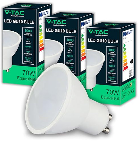V-TAC 3x Lampadine LED GU10 - Alta Luminosità 10W (Equivalenti a 70W) - 1000 Lumen- Faretto Led GU10 per Massima Efficienza e Risparmio Energetico - 4000K Luce Naturale