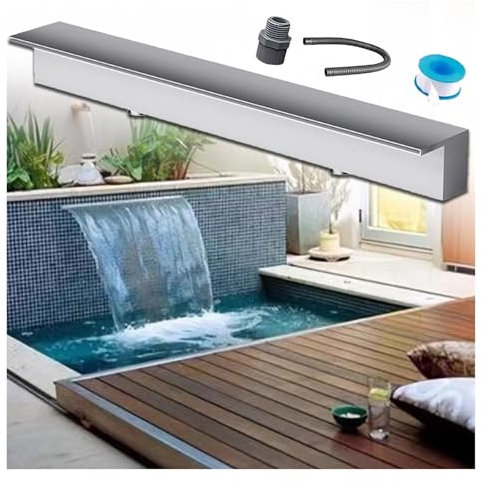 fontana per piscina Cascata da giardino con scarico esterno, larghezza 20, 40, 45, 60, 90, 100, 120, 150, 180 cm Acciaio inossidabile Cascata per laghetto Scarico a spruzzo Incassato a parete, per vil