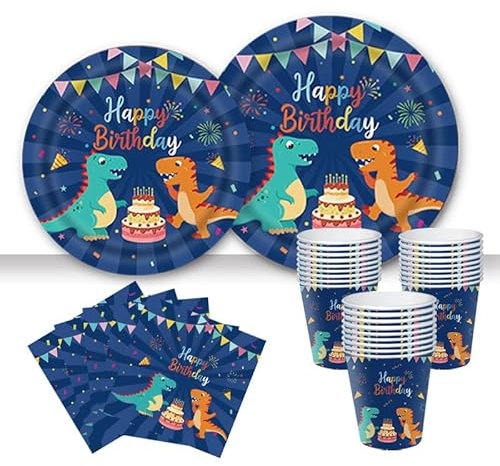 Décoration Anniversaire Dinosaure Garçon Ensemble Vaisselle Jetable Thème Dino Bleu avec Nappe Gobelets Ballons Assiettes Serviettes pour Fête Enfant Jungle Préhistorique 3 Ans et Plus