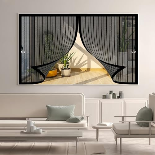 Rideau Moustiquaire Fenetre 77x107cm(W x H) Anti-Moustiques, Fermeture Automatique, Sans Perçage, Maille Fine, Moustiquaire sur Mesure pour Porte de Balcon, Porte Cave, Noir