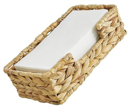 Cesta organizadora de servilletas de jacinto de agua natural tejida a mano, fácil de usar, para cocina, baño, sala de estar, bandeja de mimbre multiusos