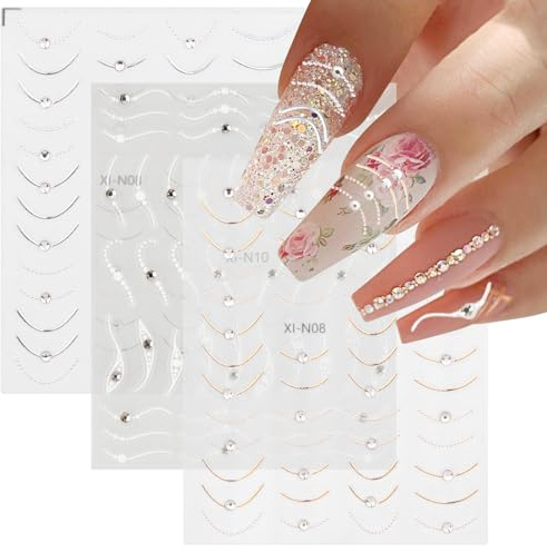 Ziyonix 3D Pegatinas para Uñas, Francés Línea Pegatinas para Uñas, Autoadesiva Nail Art Stickers, Amigables con la Piel Decoración Manicura