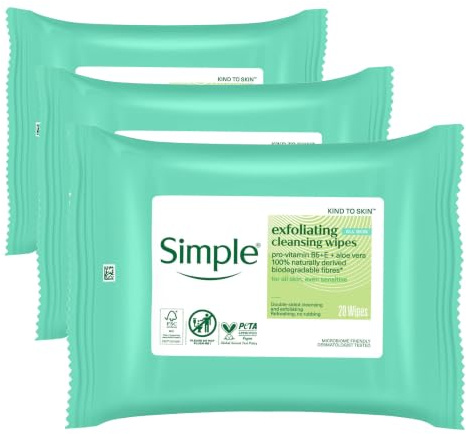Simple biodegradable Exfoliating Face Wipes cleansing wipes to smooth skin and unclog pores for sensitive skin 20 wipes (Pack of 3)