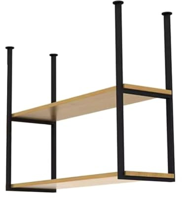 uofgcru Ceiling Shelf, 2 Tier Wood Shelving, Kitchens Storage Rack with Ceiling Hanging Metal Iron Frame Plant Shelf Flower Pot Stand Wine Holder for Bars(80×30×80cm)