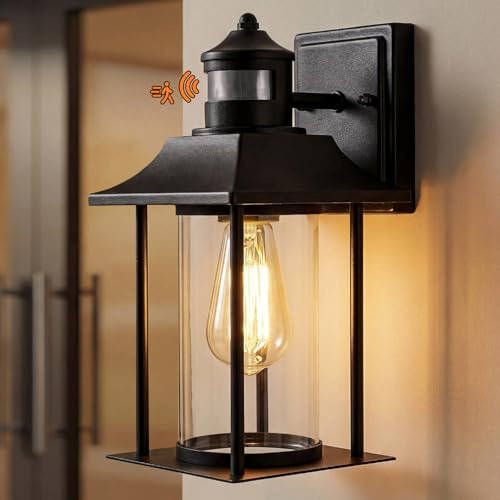 Warmiehomy PIR Outdoor Wall Lights with Motion Sensor, 3 Modes IP65 Waterproof Outside Lights Mains Powered, E27 External Black Modern Exterior Sconce Lamp for Front Door Porch Balcony (Bulb Included)