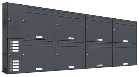 AL Briefkastensysteme 8er Briefkastenanlage mit Klingel Anthrazit Grau RAL 7016, Premium Briefkasten DIN A4, 8 Fach Postkasten modern Aufputz