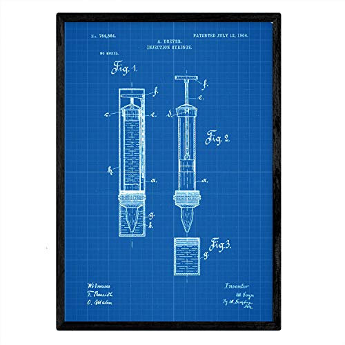 Nacnic Poster con patente de Jeringuilla. Lámina con diseño de patente antigua en tamaño A3 y con fondo azul