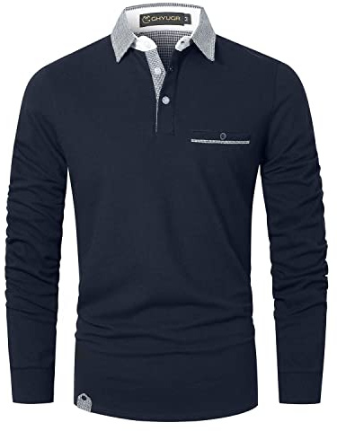 GHYUGR Mens Long Sleeve Polos with Classic Plaid Splice Golf Polo Shirts
