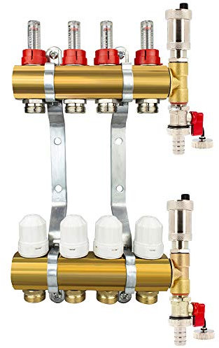 Millto™ Messing Heizkreisverteiler Fußbodenheizung 4 Heizkreise | Verteiler Entlüftungsset Automatische Entlüftung Flowmeter Thermostatventil