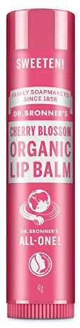 Dr Bronner's Cherry Blossom Lip Balm, Made with Organic Oils and No Synthetic Ingredients, Used for Lips, Dry Hands, Cuticles and Chapped Cheeks, Certified Fair Trade, 4g Bar