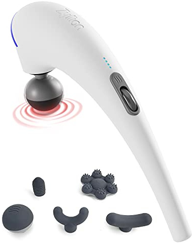 Zyllion Handheld Back and Neck Massager - Cordless Rechargeable Electric Vibrating Deep Tissue Massage with Heat for Athletes, Recovery and Muscle Pain Relief - White (ZMA-27-WT)