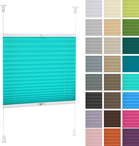 DECOOR Plissee ohne Bohren 40cm x 150cm Faltrollo Rollo für Fenster und Tür Nicht-invasive Fensterjalousien guter Sichtschutz und Sonnenschutz Breite der Überlappung 2 cm Azurblau