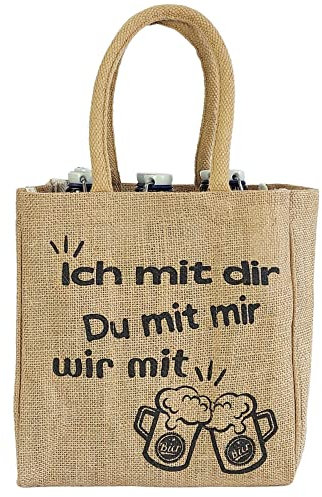 Domelo Jute Flaschentasche. Geschenke für Männer. Bierträger/Flaschenträger mit Trennwänden für 6 Flaschen. kleine Einkaufskorb. Lustige witzige Bier Männerhandtasche (Natur/Ich mit dir)