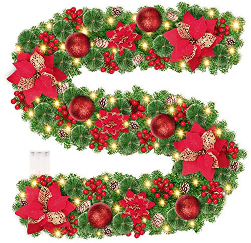 Christmas Garland with Lights, 9FT Christmas Garland for Fireplace, 30 LED Luminous Christmas Decorations, Battery Powered 8 Lighting Modes with White Pine Cone, Red Berry, White Pine Needle