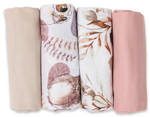 FENSILO Musselintücher für Baby 60x75 cm 4er Pack, Musselin, Made IN EU, Schnuffeltuch- Spuctuch für Jungen und Mädchen, Musselin Tücher, Baby Spucktücher - Rosa-Beige Tiere