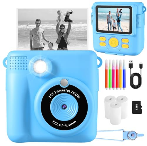 CHRERNA Kids Camera Instant Print, Instant Camera for Kids with Print Photo Paper and 32G TF Card, Birthday Christmas Toy Gifts for 5 6 7 8 9 10 Year Old Boys (Blue)
