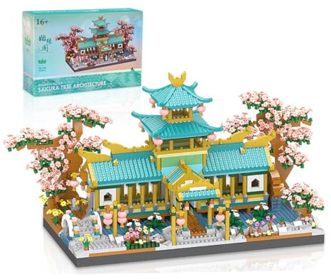 Street View Marriage Pavilion Bricks Model Set, 2350Pcs DIY Chinese Classical Gardens of Suzhou and Sakura Tree Building Block Assembly Mini Particle Construction Toy