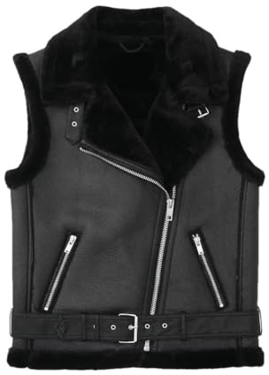 Damen schwarze Pelz Weste Faux Schaffell Weste Chic Faux Leder Fleece übergroße ärmellose Jacke