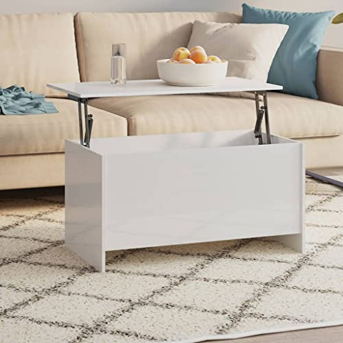 FENLAX Table Basse Réglable en Hauteur - Lift Top en Bois 102 x 55,5 x 52,5 cm - Blanc Brillant - Table de Salon Centrale d'Appoint