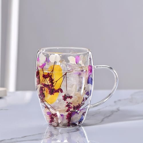 LEKUNI tazas de cafe con Flores Secas, 350ml vasos cafe cristal, taza doble pared cristal, tazas cafe espresso de Vidrio Transparente para nespresso, Espresso, leche, Té(morado)