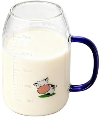 ITODA Tasse à Lait pour Enfant avec Paille Tasse d'Eau avec Échelle Verre à Boire Transparent 300ml Tasses pour Petit-déjeuner Verre à Lait avec Dessin Vache Mignonne Résistante à Chaleur