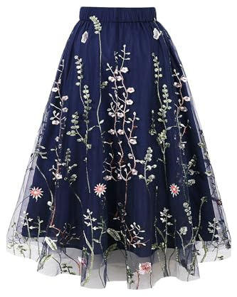 AXOE Dam Tyllkjol 3 Lager Broderad Blommor Tulle Midi Kjol Aline med Resår i Midjan för Sommar, Bröllop Gäst Marinblå F04, Storlek 34-38, S