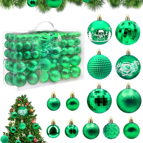 HOVIBU Weihnachtskugeln Set, 100 Weihnachtskugeln Kunststoff Grün, Bruchsicher Christbaumkugeln mit Lanyard, Matt, Glänzend Weihnachtsschmuck für Drinnen & Draußen, Wiederverwendbar