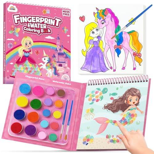 ZMLM Art Acquerelli e Pittura con le Dita 2 in 1 per Bambini, Divertente Principesse Unicorno Libro da Colorare Colori a Dita e Dipingere Motivi, Atossici Lavabili per Bambini, Principianti e Artisti