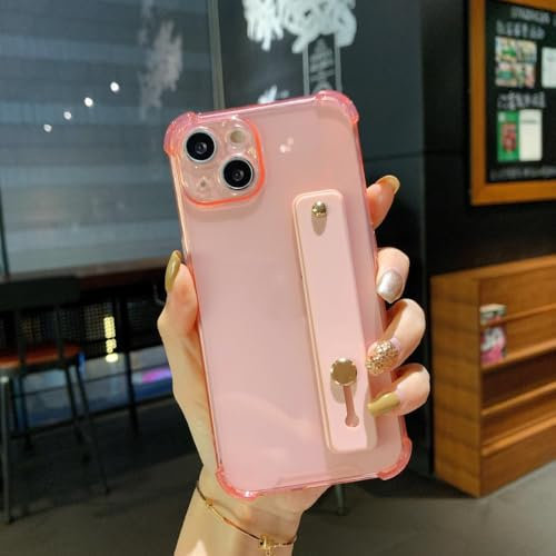ADKOT Custodia trasparente a fluorescenza brillante per iPhone 15 14 13 12 11 Pro XS Max Mini XR X XS 8 7 Plus SE Cover con supporto per cinturino da polso in TPU, rosa, per iPhone 12Mini