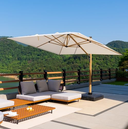PURPLE LEAF Parasol Déporté 3 x 3 m Aluminium Effet Bois Crème Anti-Vent | Style champêtre, Parasol, UPF 50+, Tissu polyester 240 g/m², Résistant aux intempéries, 8 baleines renforcées, Terrasse