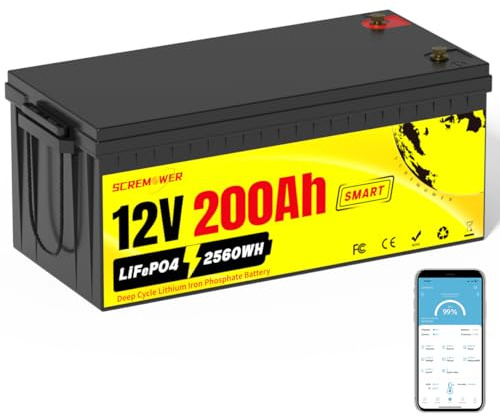 12V 200AH Lifepo4 Batterie Bluetooth Eingebautes 200A BMS APP Anschluss 2560Wh wiederaufladbare Deep Cycle Lithium Batterie Unterstützung in Serie oder parallel für RV, Solar System, Off-grid, Marine