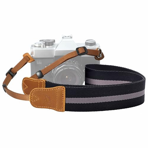 Padwa Lifestyle Black Grey Stripes Camera Strap -Double Layer Crazy Horse Cowhide End,1.5 Wide Pure Cotton Woven Camera Straps,Adjustable Neck Shoulder Strap for Cameras,Gift for Photographers