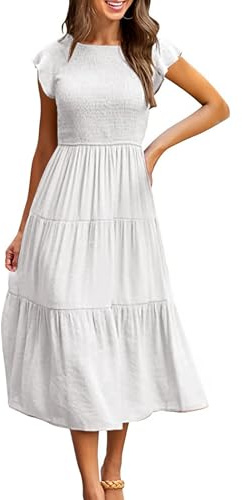 CMTOP Vestito Donna Estivo Abito Lungo Estivo Girocollo Scollo Vestiti con Manica a Volant Casuale Vita Elastica Abiti da Mare Spiaggia Eleganti Tinta Unita Abito di Linea A